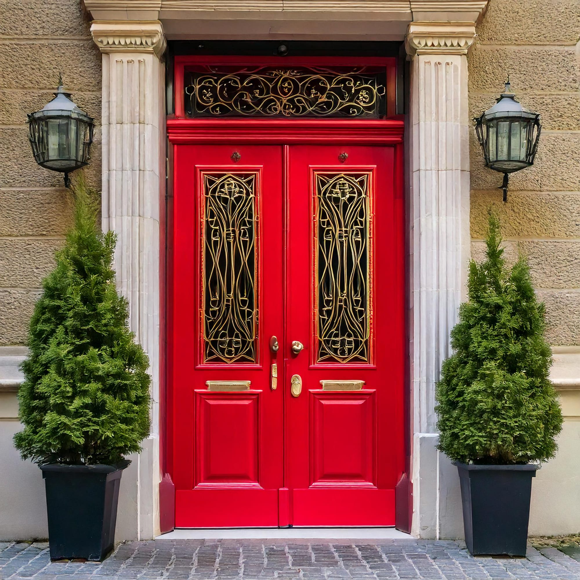 Prompt: A bold, vibrant red door with polished gold accents, surrounded by an ornate black wrought-iron frame. The door stands between two tall, narrow windows with decorative grilles, and potted green plants sit on each side, adding a touch of nature to the vivid entrance.