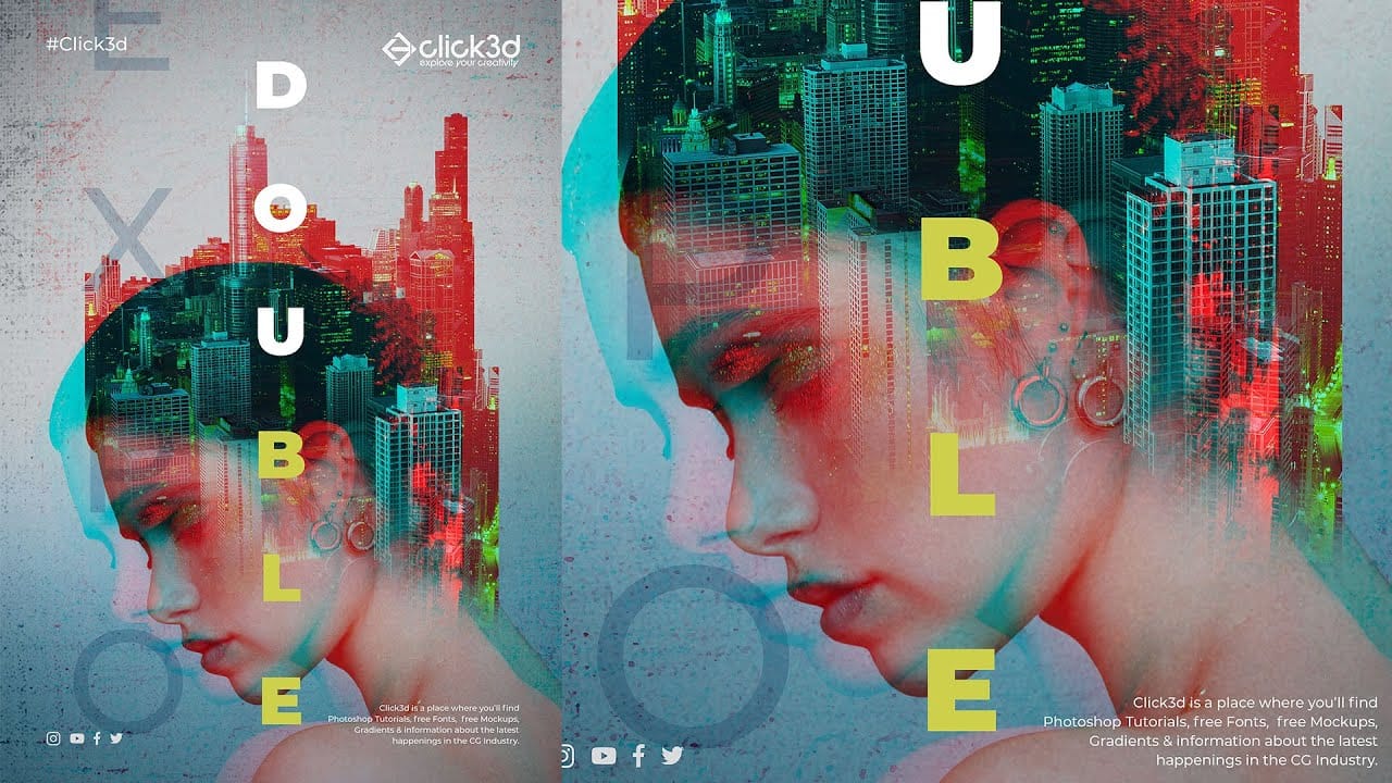 Double Exposure Glitch Poster Design in Photoshop